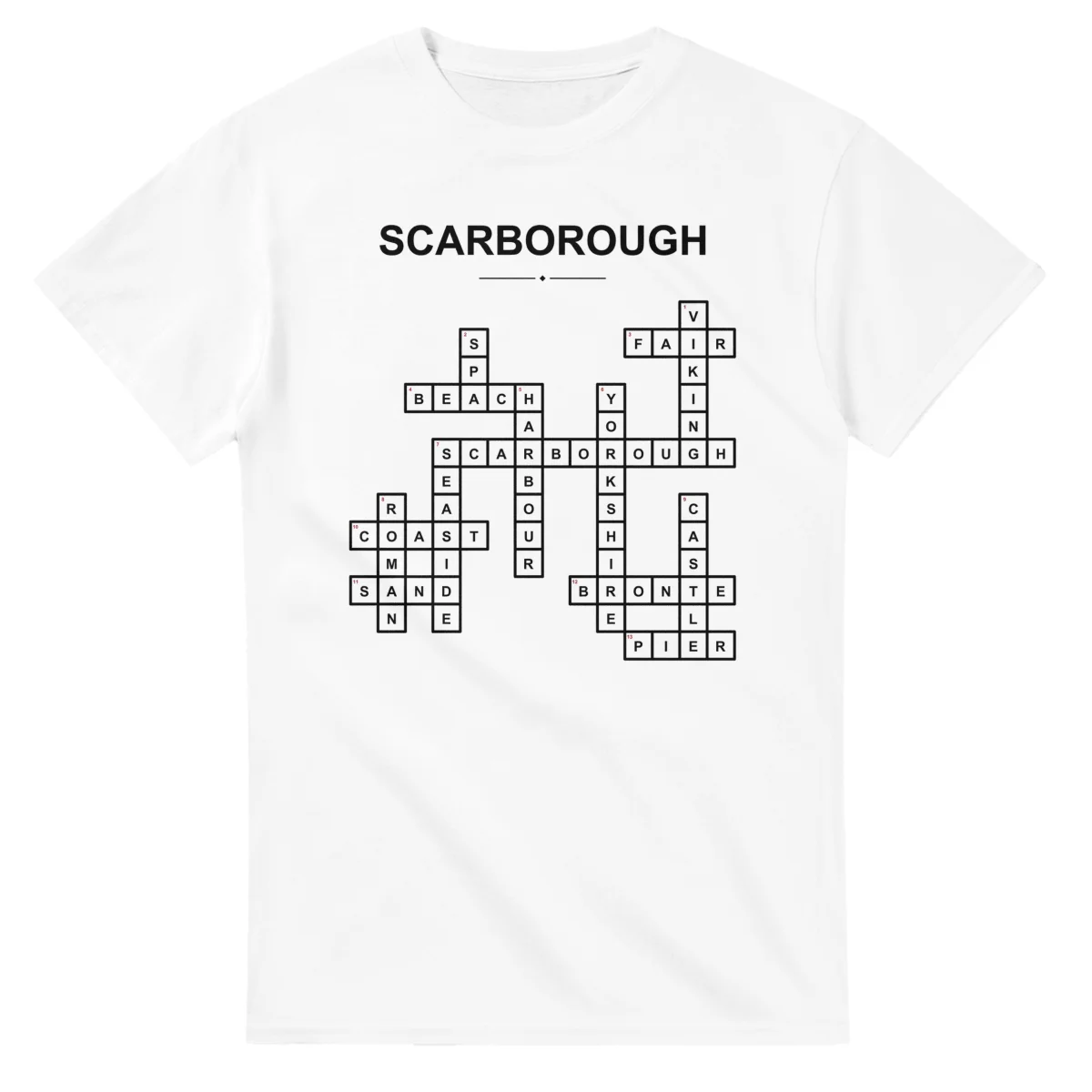 Monochrome crossword sheet for Scarborough, with a large place-name heading, a letter grid, and numbered across and down clues.