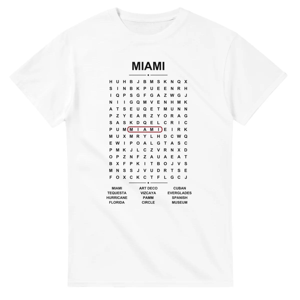 Word-search sheet for Miami, with a large place-name heading, a letter grid, a local answer list, and a red highlighted example word.