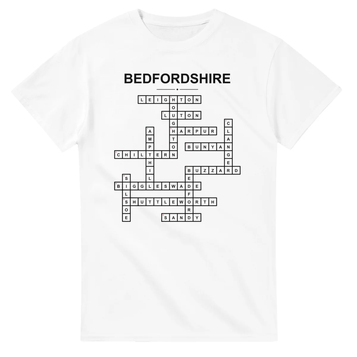 Monochrome crossword sheet for Bedfordshire, with a large place-name heading, a letter grid, and numbered across and down clues.