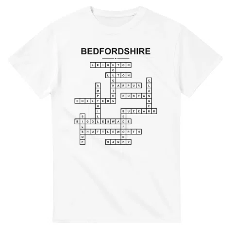 Monochrome crossword sheet for Bedfordshire, with a large place-name heading, a letter grid, and numbered across and down clues.