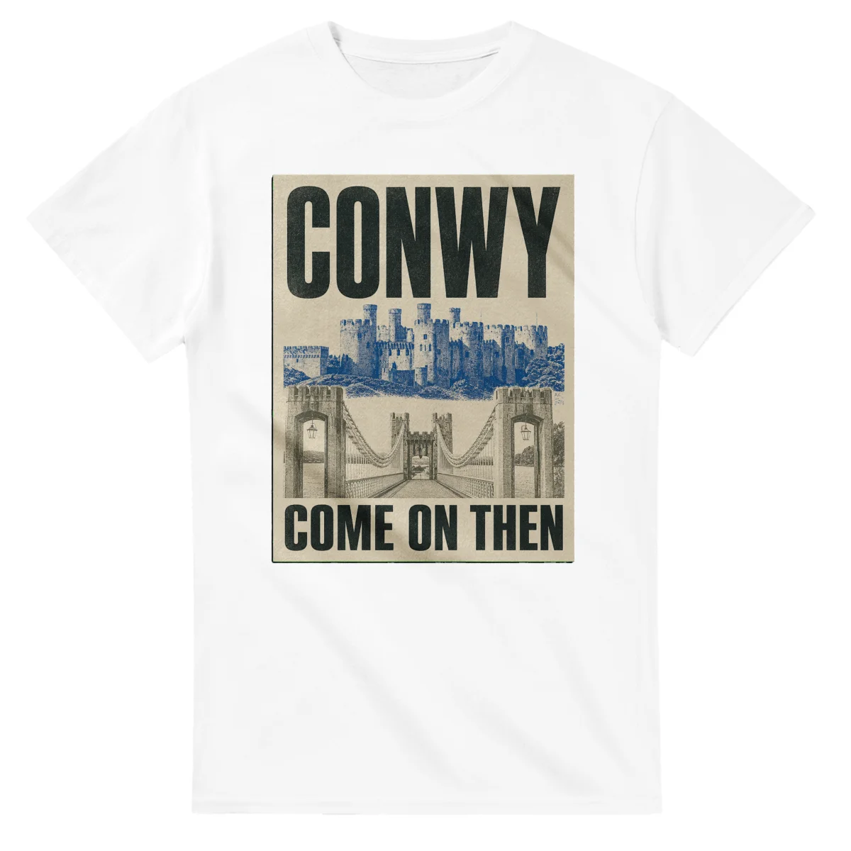 Two-colour scenic illustration for Conwy, with the place name and COME ON THEN lettering.