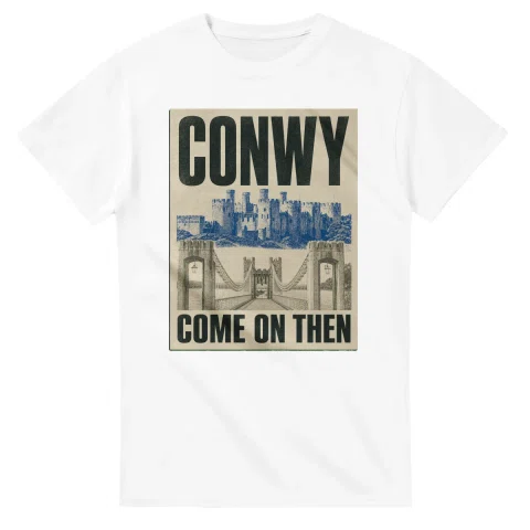 Two-colour scenic illustration for Conwy, with the place name and COME ON THEN lettering.