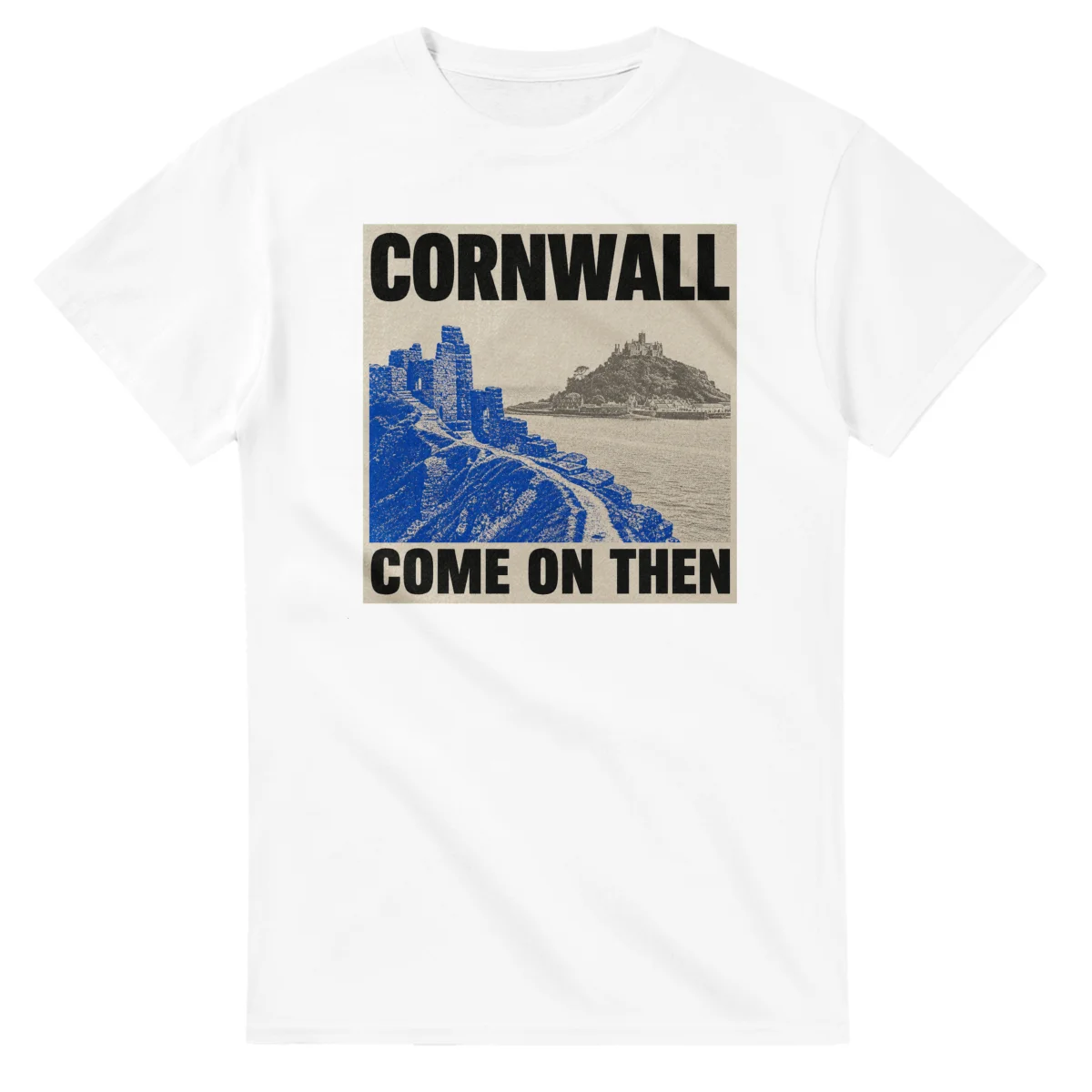 Two-colour scenic illustration for Cornwall, with the place name and COME ON THEN lettering.