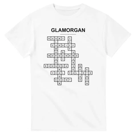 Monochrome crossword sheet for Glamorgan, with a large place-name heading, a letter grid, and numbered across and down clues.