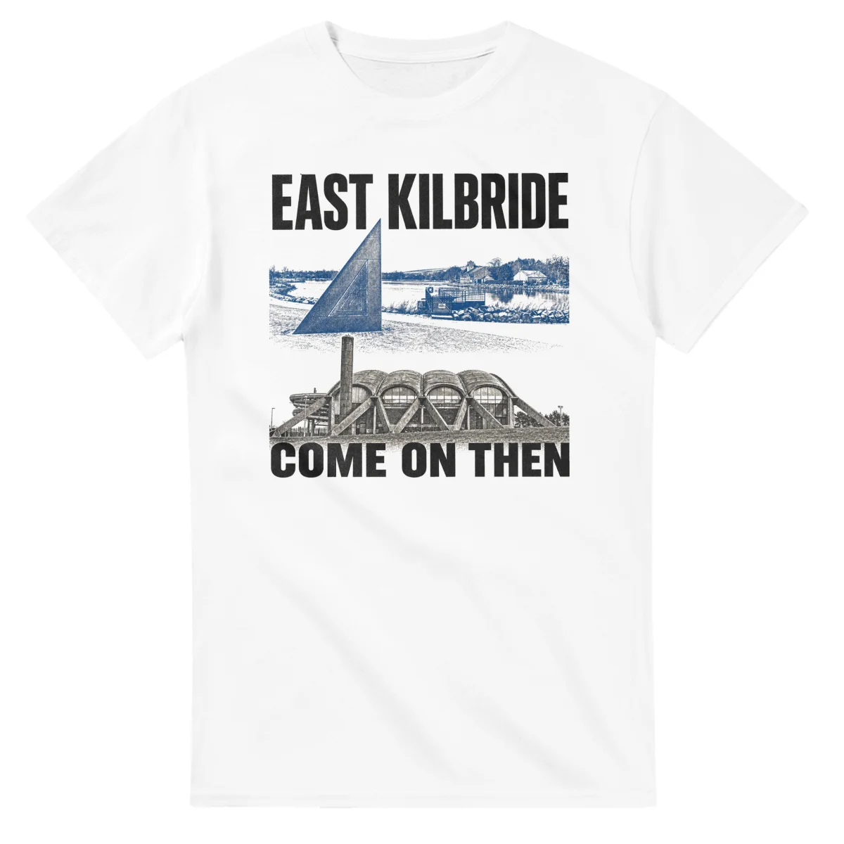 Two-colour scenic illustration for East Kilbride, with the place name and COME ON THEN lettering.