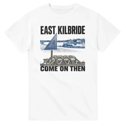 Two-colour scenic illustration for East Kilbride, with the place name and COME ON THEN lettering.