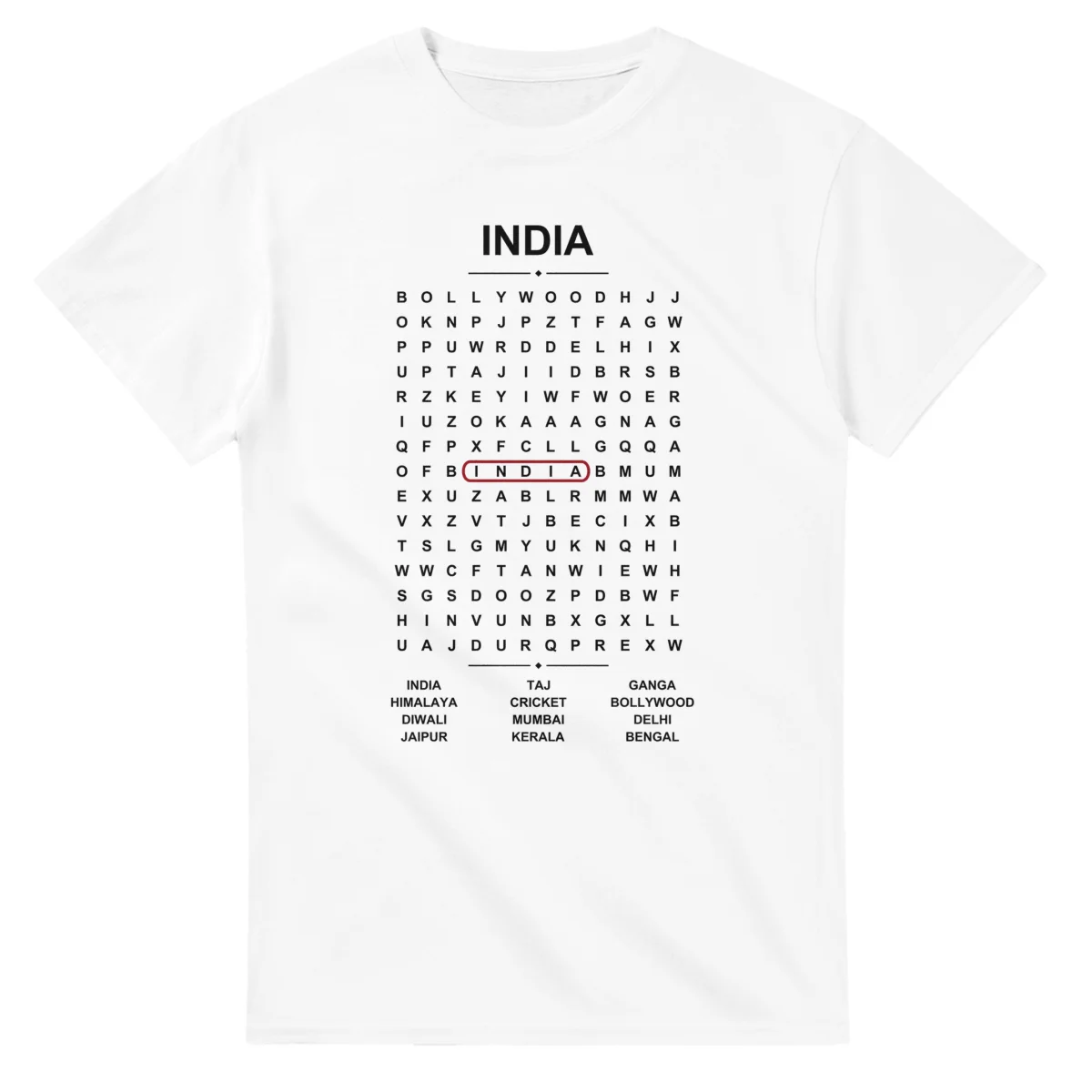 Word-search sheet for India, with a large place-name heading, a letter grid, a local answer list, and a red highlighted example word.