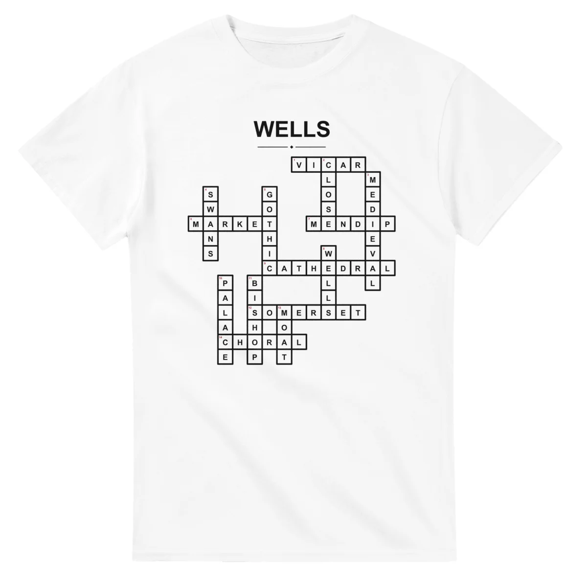 Monochrome crossword sheet for Wells, with a large place-name heading, a letter grid, and numbered across and down clues.