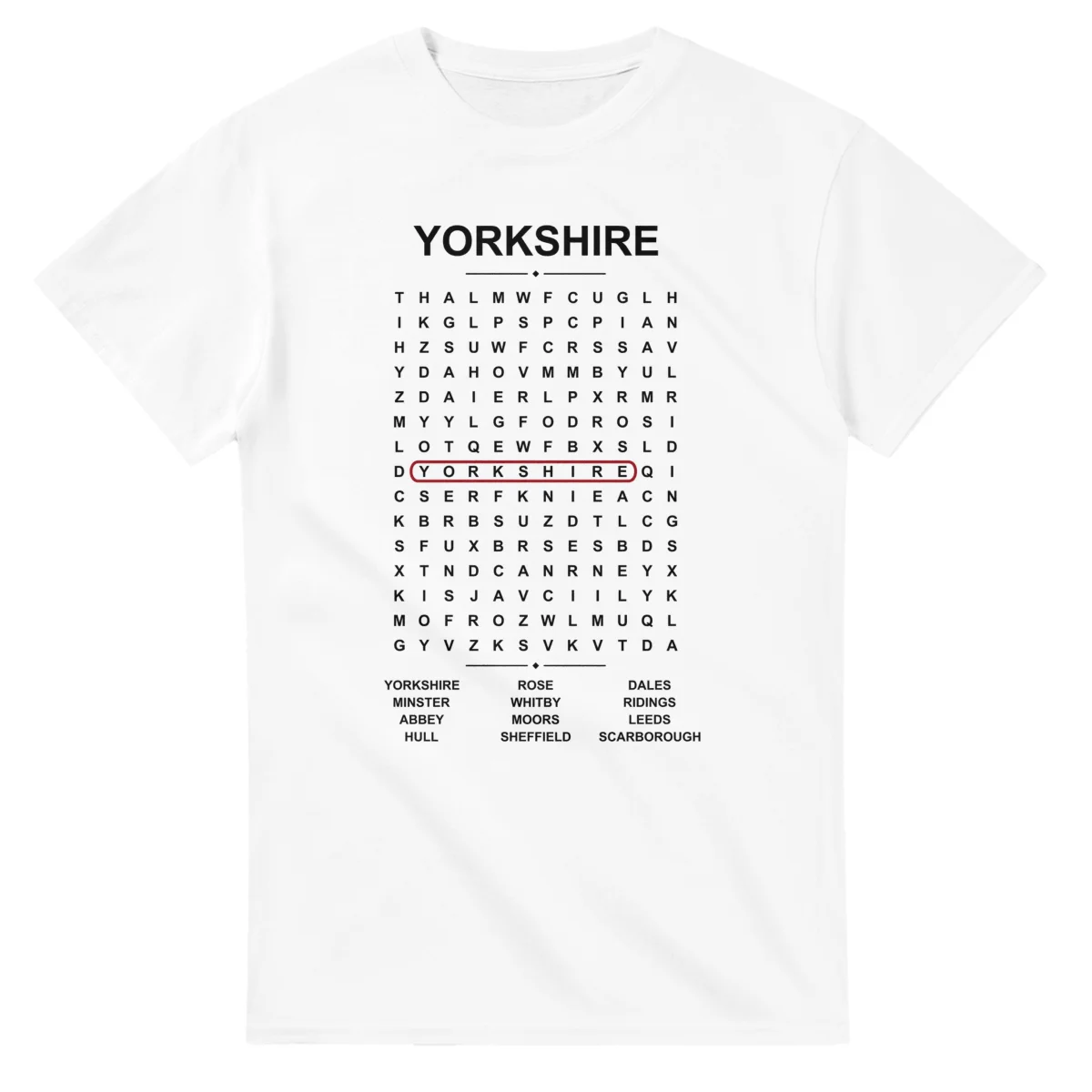 Word-search sheet for Yorkshire, with a large place-name heading, a letter grid, a local answer list, and a red highlighted example word.
