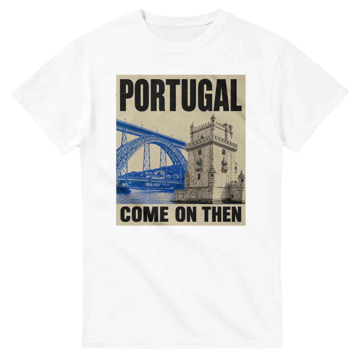 Two-colour scenic illustration for Portugal, with the place name and COME ON THEN lettering.