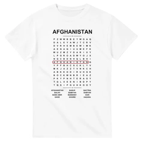 Word-search sheet for Afghanistan, with a large place-name heading, a letter grid, a local answer list, and a red highlighted example word.