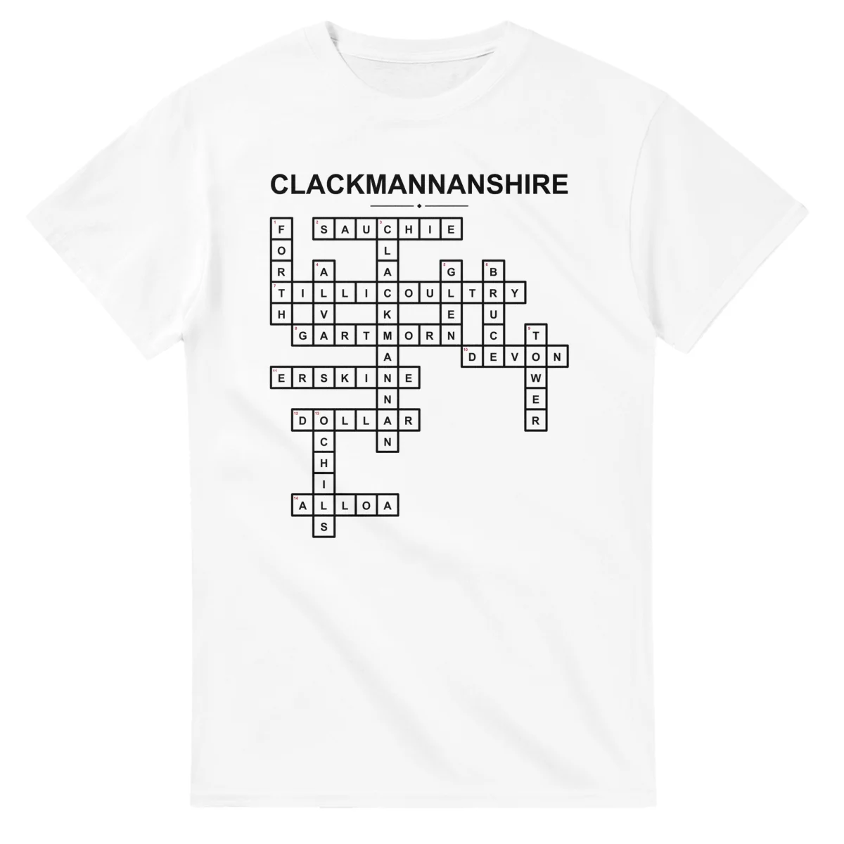 Monochrome crossword sheet for Clackmannanshire, with a large place-name heading, a letter grid, and numbered across and down clues.