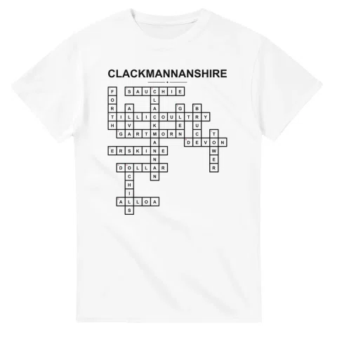 Monochrome crossword sheet for Clackmannanshire, with a large place-name heading, a letter grid, and numbered across and down clues.