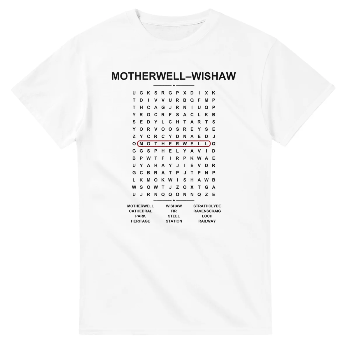 Word-search sheet for Motherwell-Wishaw, with a large place-name heading, a letter grid, a local answer list, and a red highlighted example word.