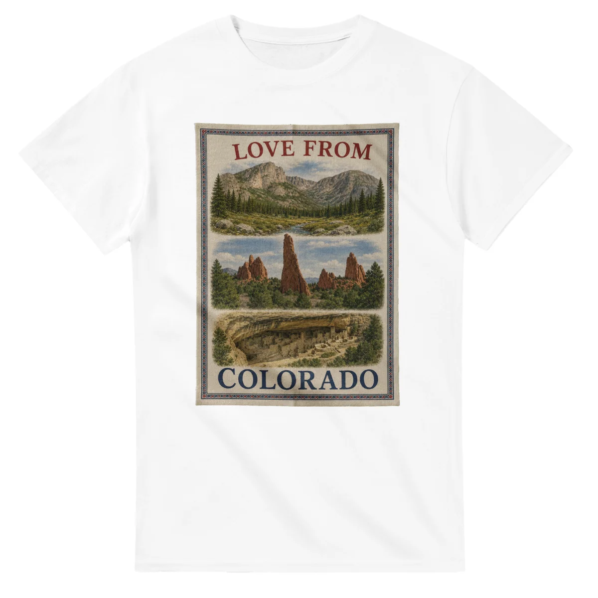 Framed scenic design for Colorado, with several local views, a decorative border and LOVE FROM lettering.