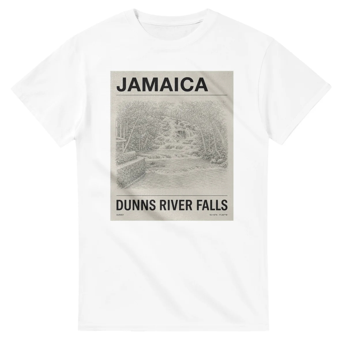 Fine-line engraving-style drawing for Jamaica, with a landmark caption and small coordinate text.