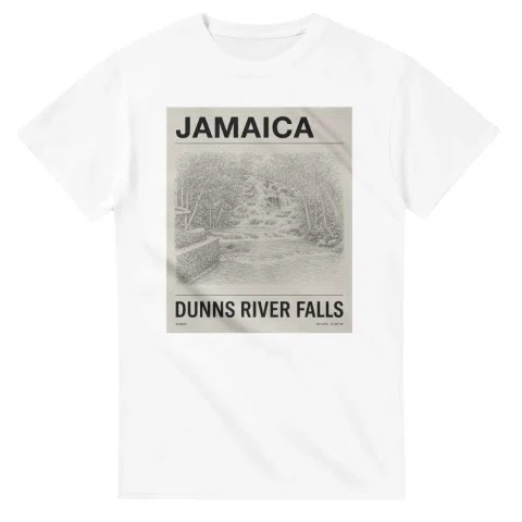 Fine-line engraving-style drawing for Jamaica, with a landmark caption and small coordinate text.