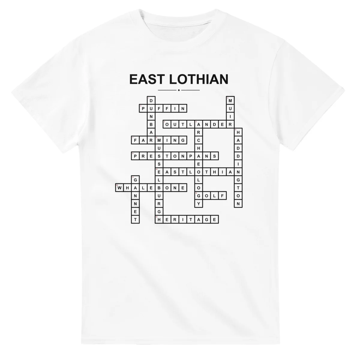 Monochrome crossword sheet for East Lothian, with a large place-name heading, a letter grid, and numbered across and down clues.