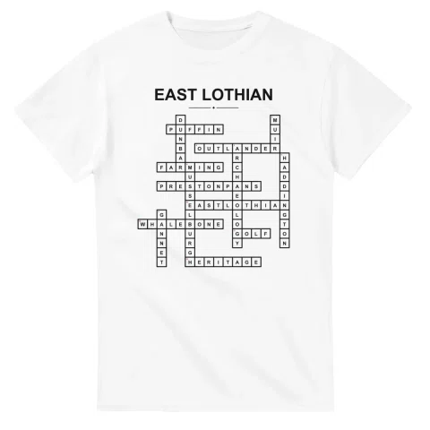 Monochrome crossword sheet for East Lothian, with a large place-name heading, a letter grid, and numbered across and down clues.
