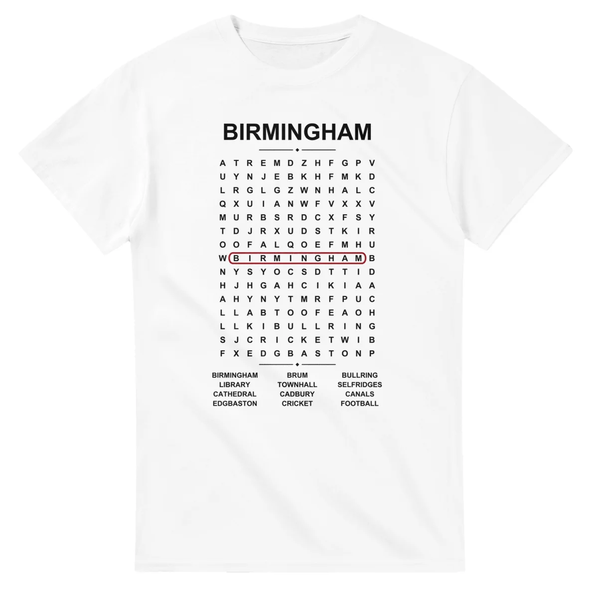 Word-search sheet for Birmingham, with a large place-name heading, a letter grid, a local answer list, and a red highlighted example word.
