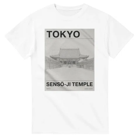 Fine-line engraving-style drawing for Tokyo, with a landmark caption and small coordinate text.