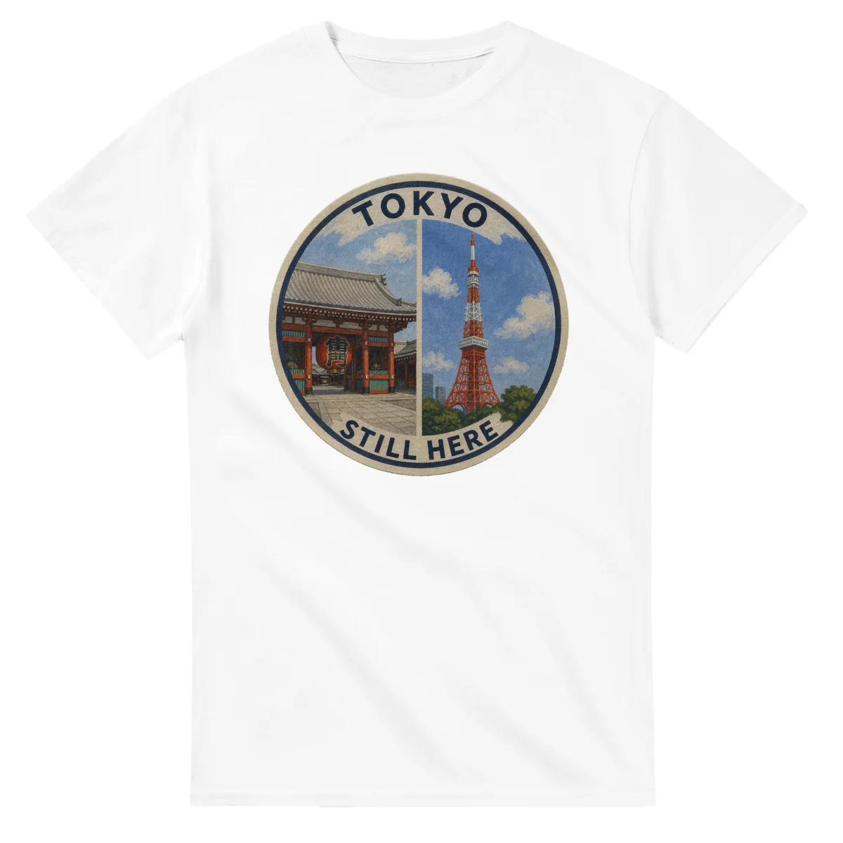 Painted, panelled scenic illustration for Tokyo, with paired local scenes and the place name in lettering.