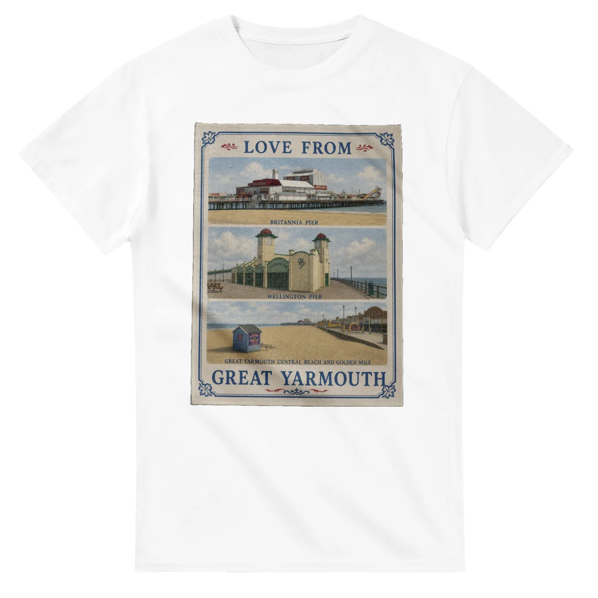 Framed scenic design for Great Yarmouth, with several local views, a decorative border and LOVE FROM lettering.