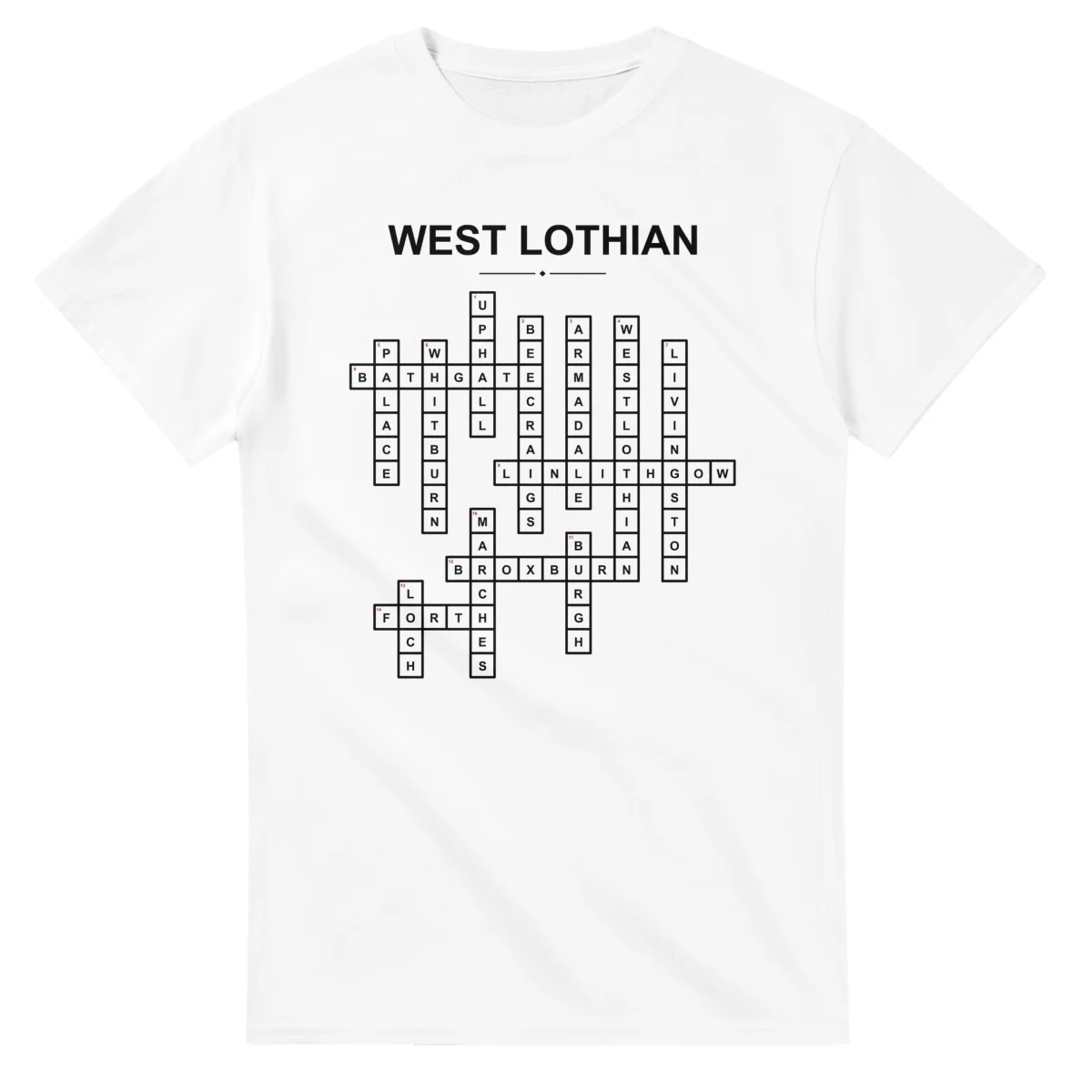 Monochrome crossword sheet for West Lothian, with a large place-name heading, a letter grid, and numbered across and down clues.