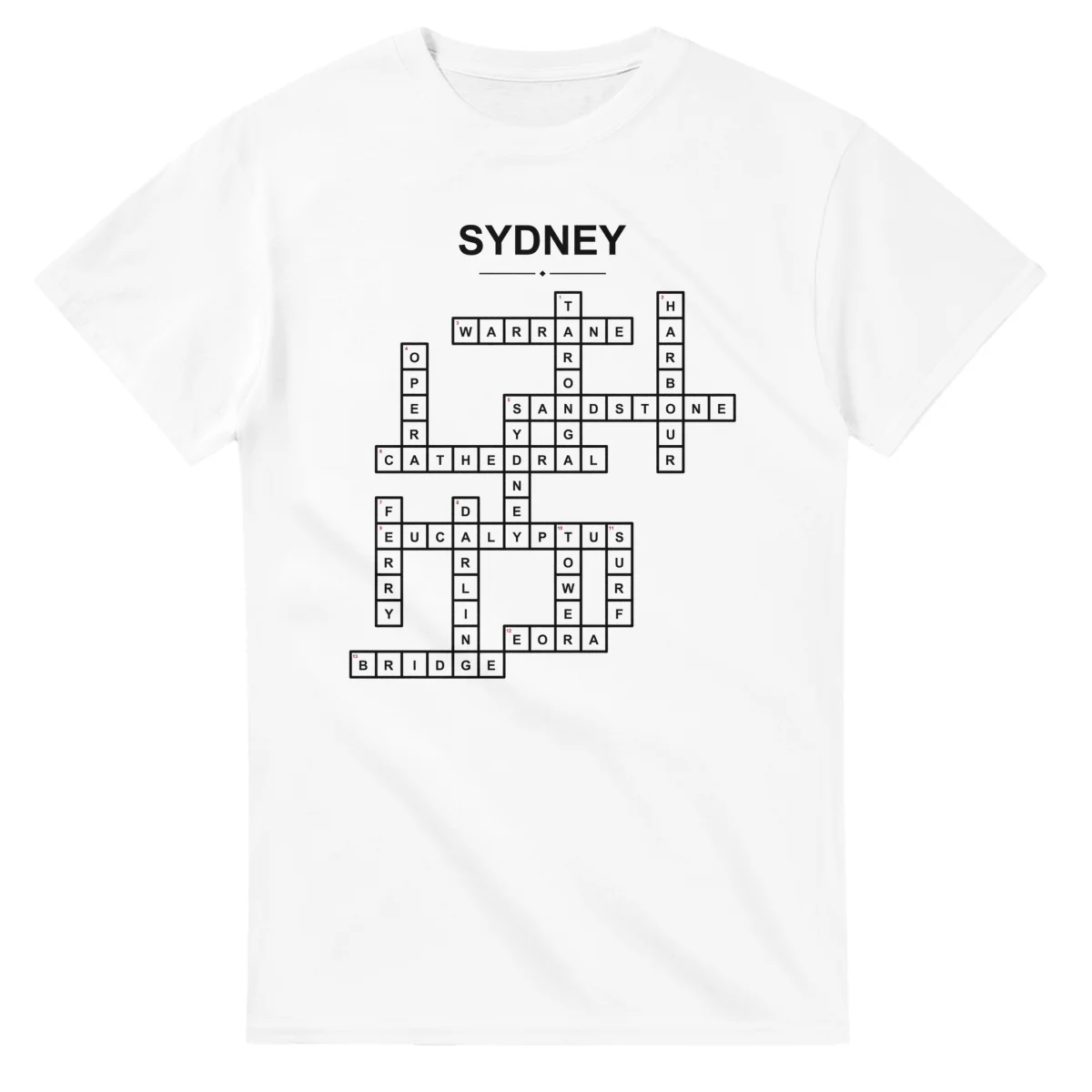 Monochrome crossword sheet for Sydney, with a large place-name heading, a letter grid, and numbered across and down clues.