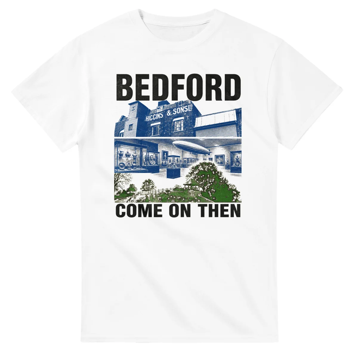 Two-colour scenic illustration for Bedford, with the place name and COME ON THEN lettering.