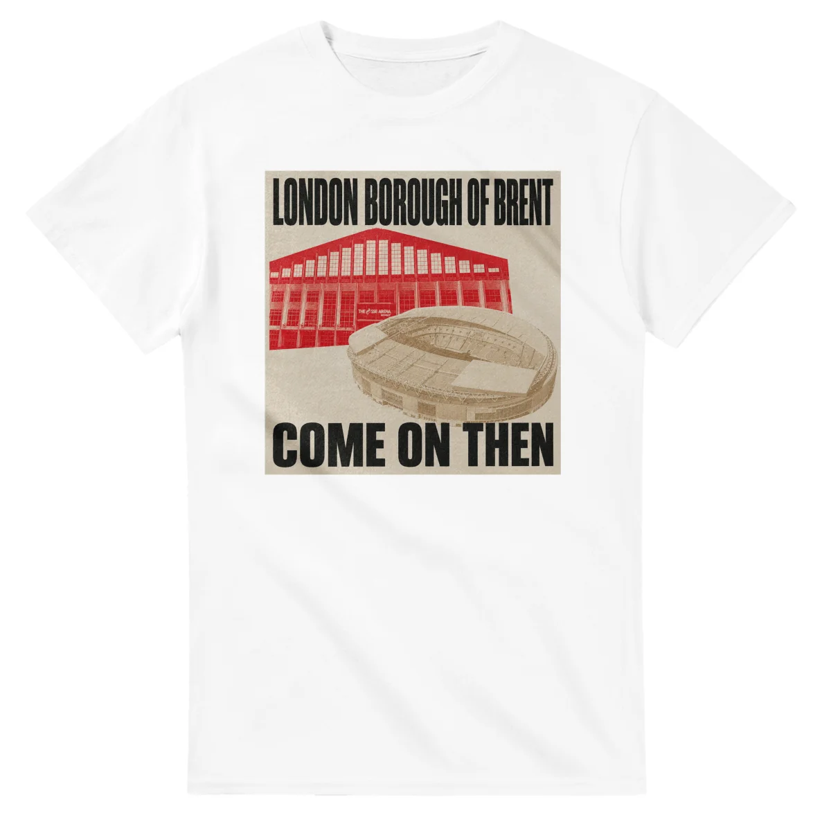 Two-colour scenic illustration for London Borough of Brent, with the place name and COME ON THEN lettering.