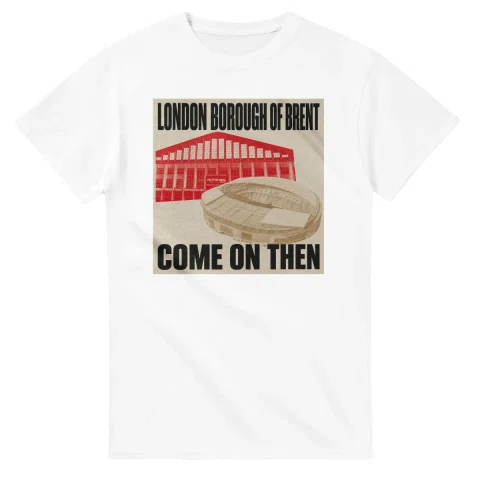 Two-colour scenic illustration for London Borough of Brent, with the place name and COME ON THEN lettering.