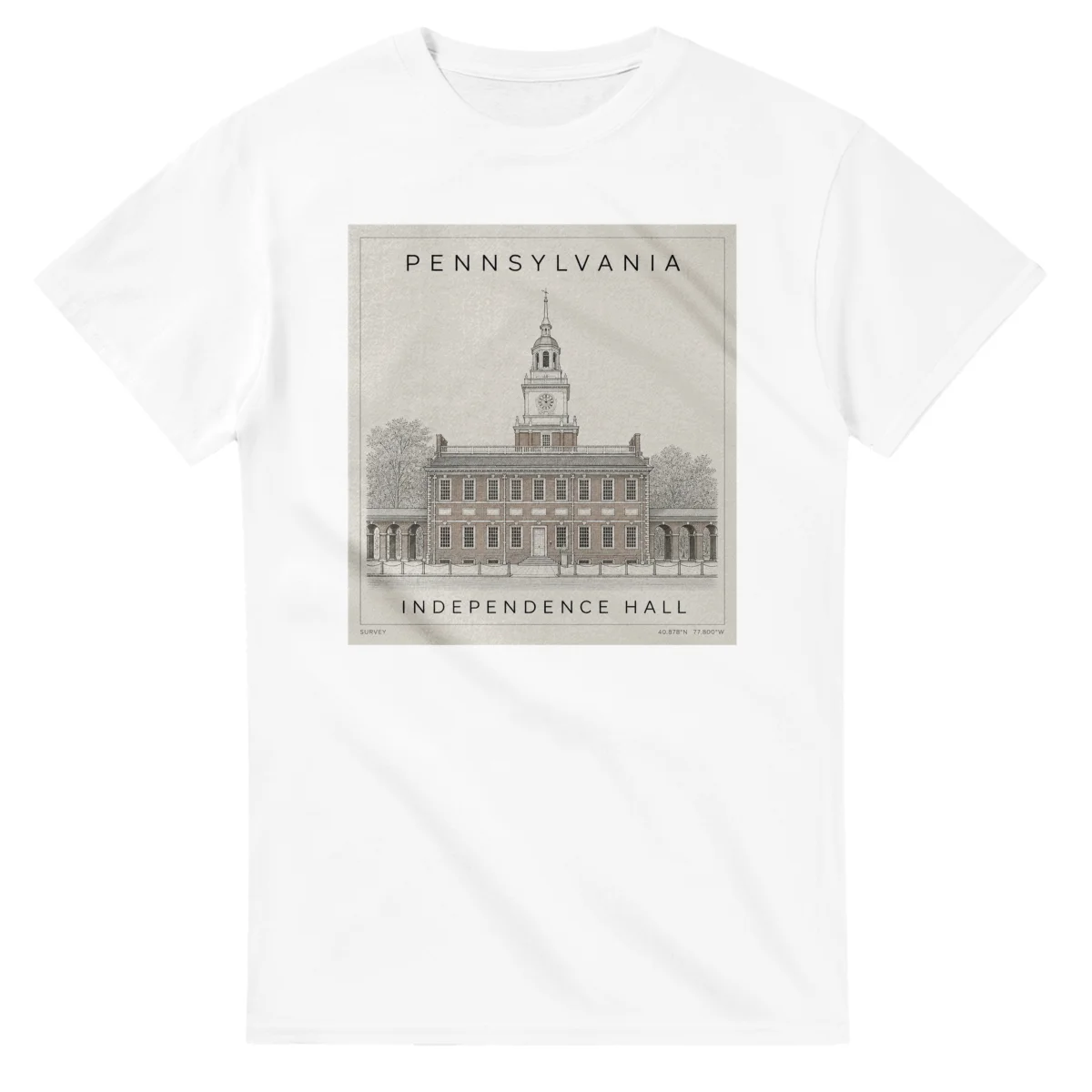 Fine-line engraving-style drawing for Pennsylvania, with a landmark caption and small coordinate text.