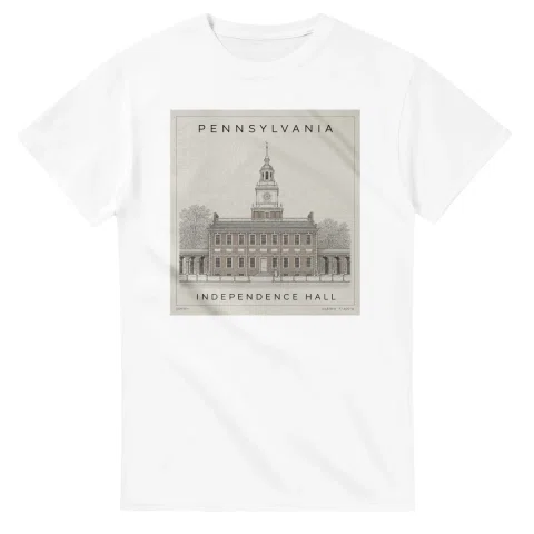 Fine-line engraving-style drawing for Pennsylvania, with a landmark caption and small coordinate text.