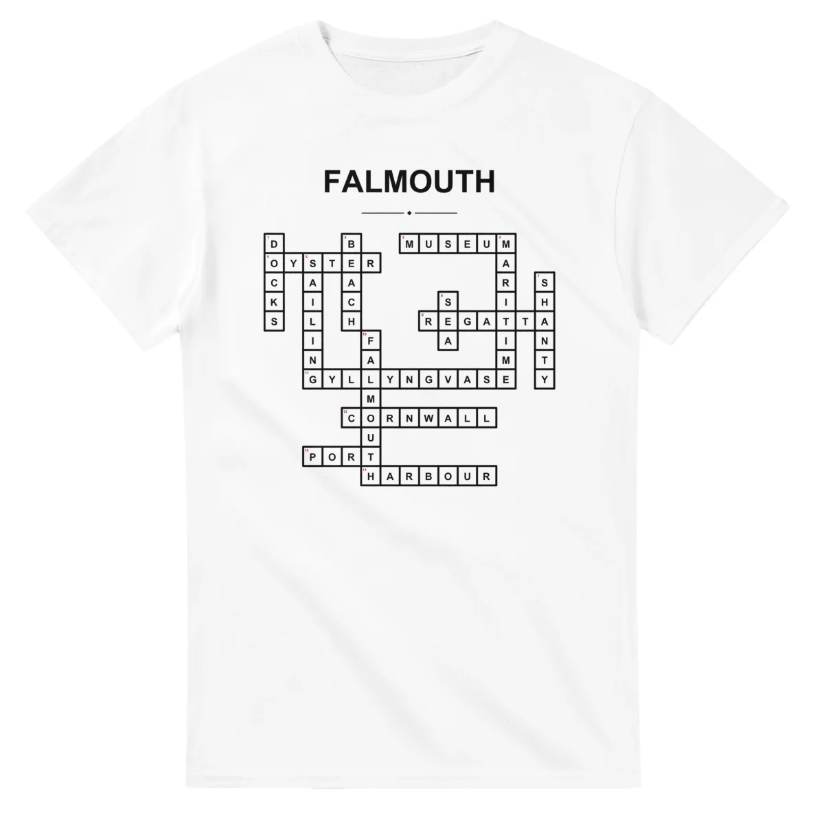 Monochrome crossword sheet for Falmouth, with a large place-name heading, a letter grid, and numbered across and down clues.