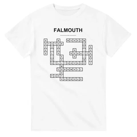 Monochrome crossword sheet for Falmouth, with a large place-name heading, a letter grid, and numbered across and down clues.