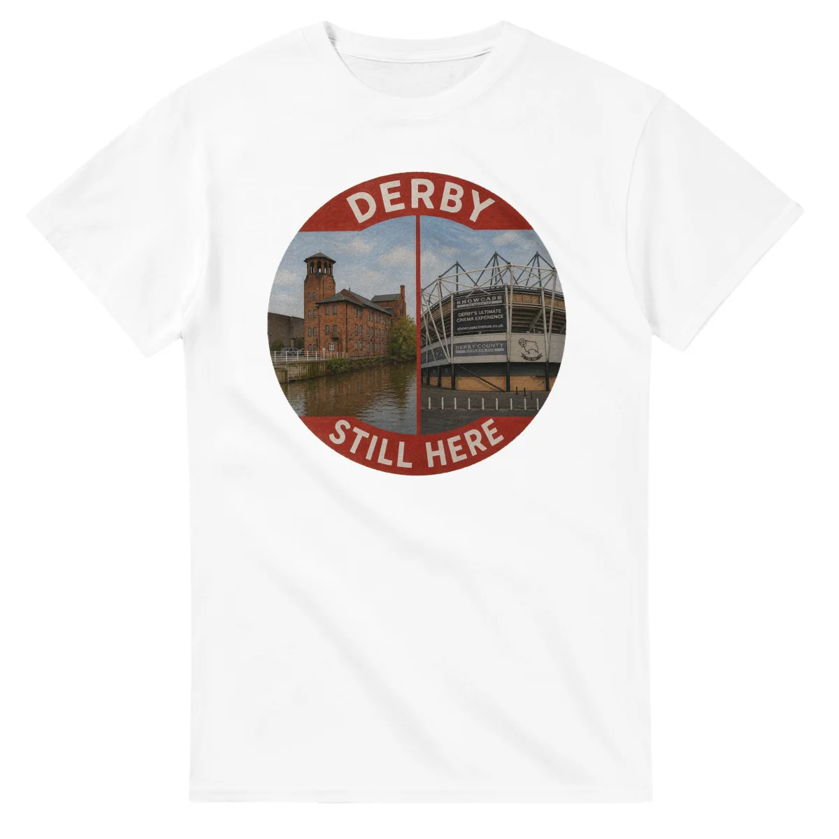 Painted, panelled scenic illustration for Derby, with paired local scenes and the place name in lettering.