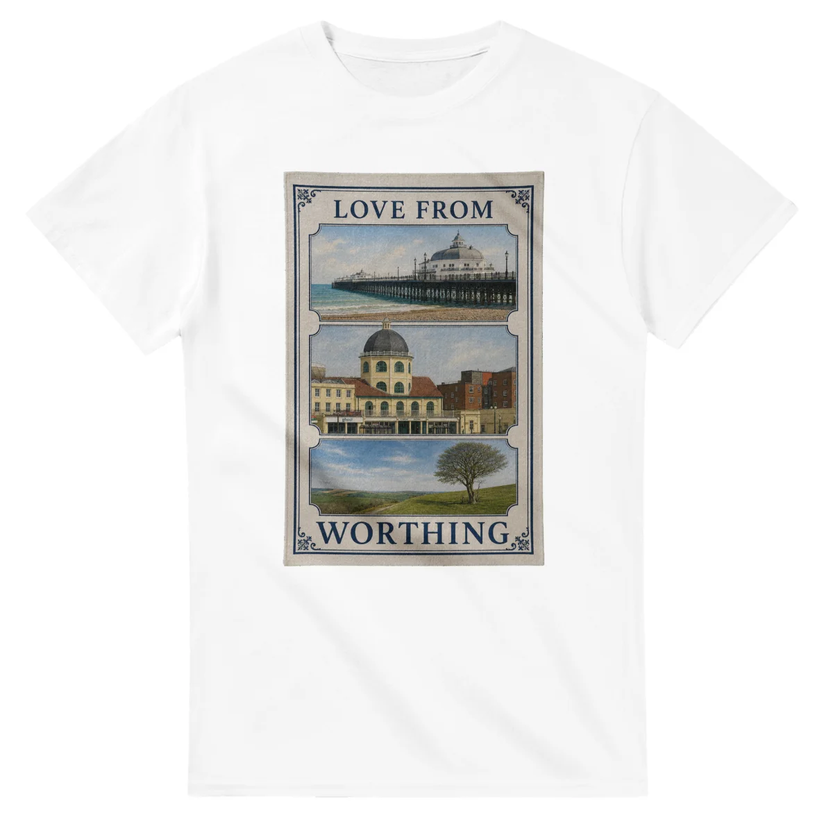 Framed scenic design for Worthing, with several local views, a decorative border and LOVE FROM lettering.