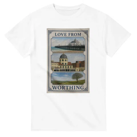 Framed scenic design for Worthing, with several local views, a decorative border and LOVE FROM lettering.