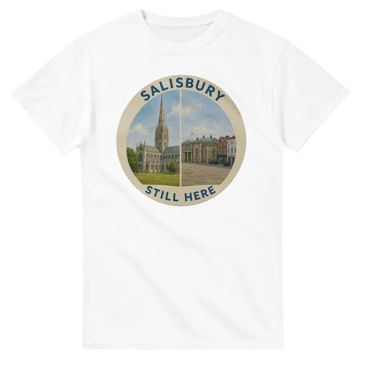 Painted, panelled scenic illustration for Salisbury, with paired local scenes and the place name in lettering.