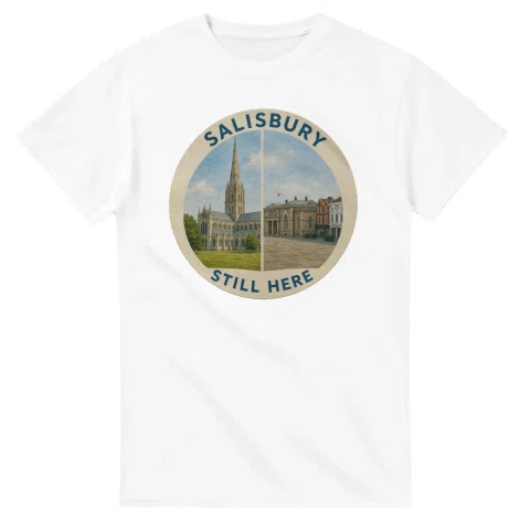 Painted, panelled scenic illustration for Salisbury, with paired local scenes and the place name in lettering.