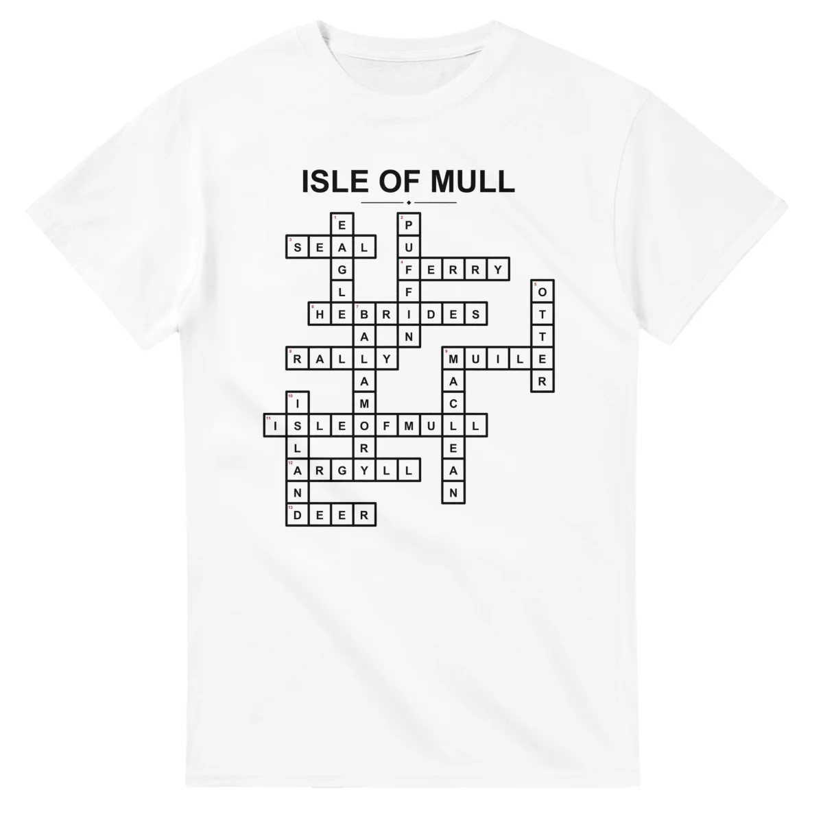 Monochrome crossword sheet for Isle of Mull, with a large place-name heading, a letter grid, and numbered across and down clues.
