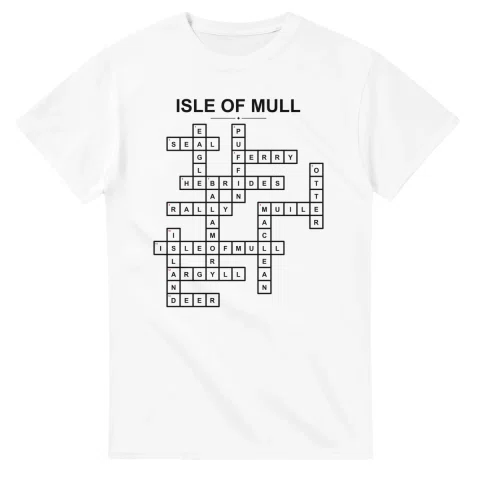 Monochrome crossword sheet for Isle of Mull, with a large place-name heading, a letter grid, and numbered across and down clues.