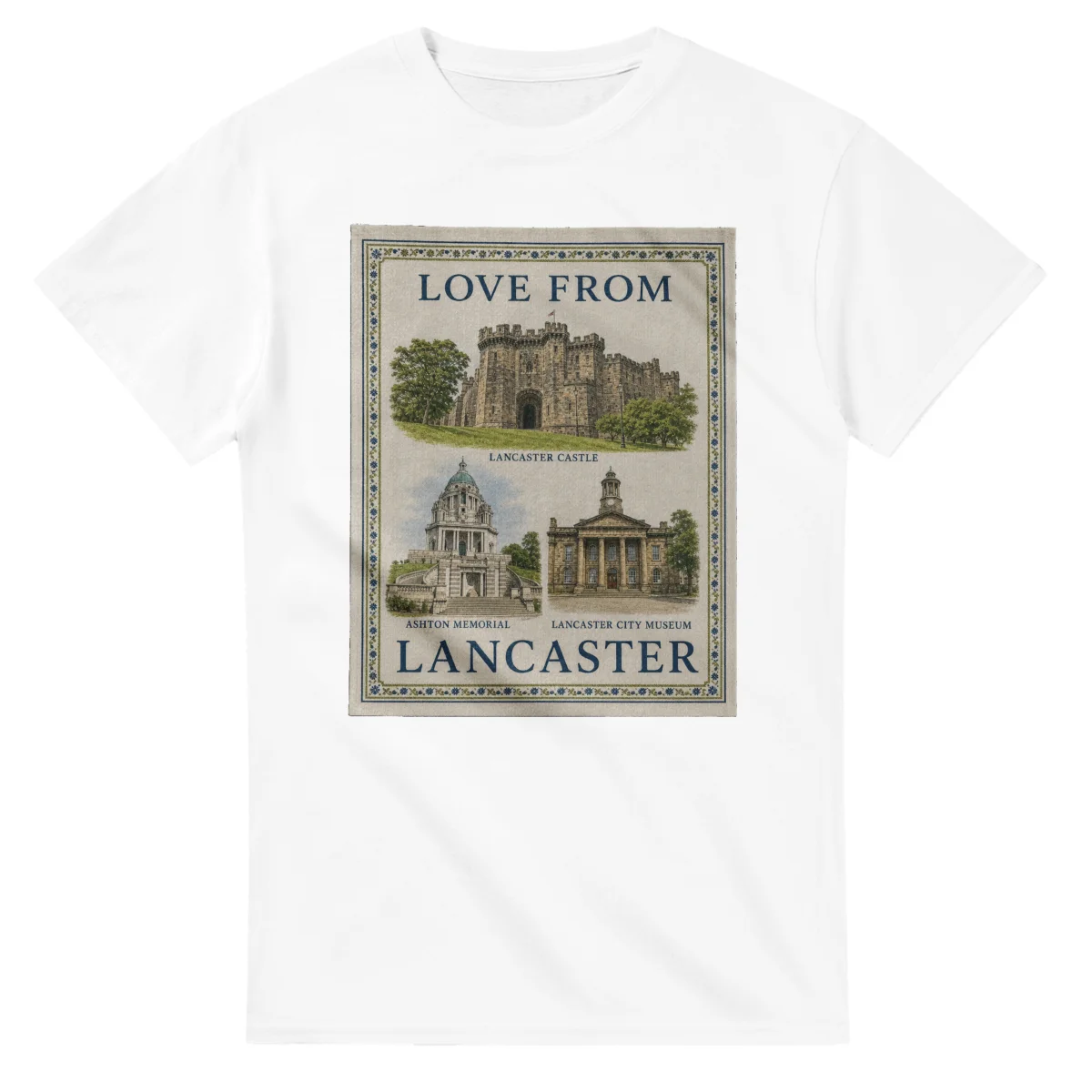 Framed scenic design for Lancaster, with several local views, a decorative border and LOVE FROM lettering.
