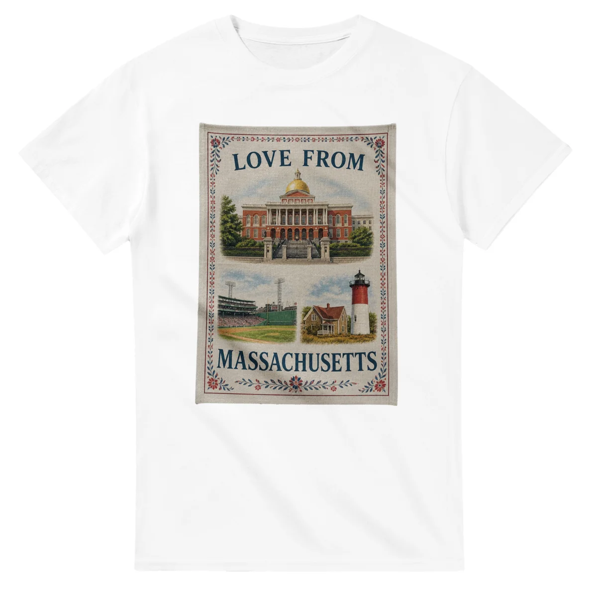 Framed scenic design for Massachusetts, with several local views, a decorative border and LOVE FROM lettering.