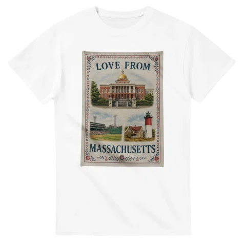Framed scenic design for Massachusetts, with several local views, a decorative border and LOVE FROM lettering.