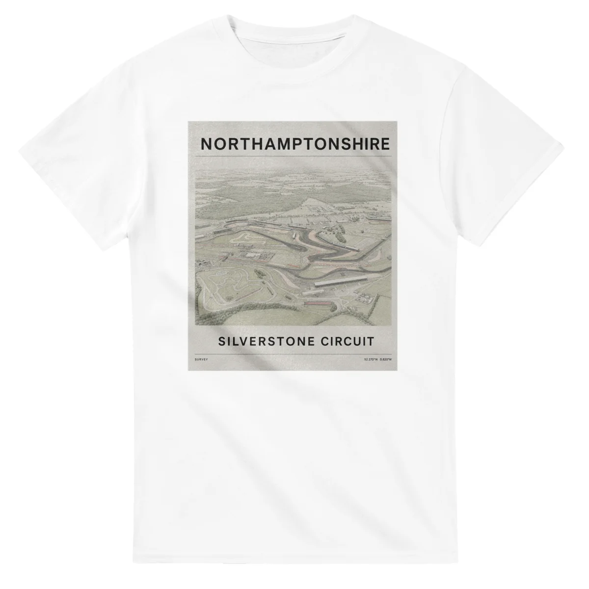 Fine-line engraving-style drawing for Northamptonshire, with a landmark caption and small coordinate text.