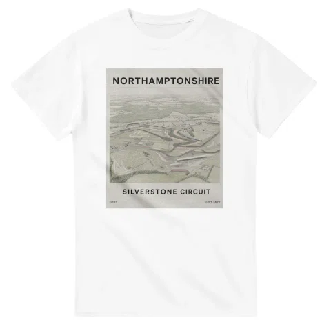 Fine-line engraving-style drawing for Northamptonshire, with a landmark caption and small coordinate text.