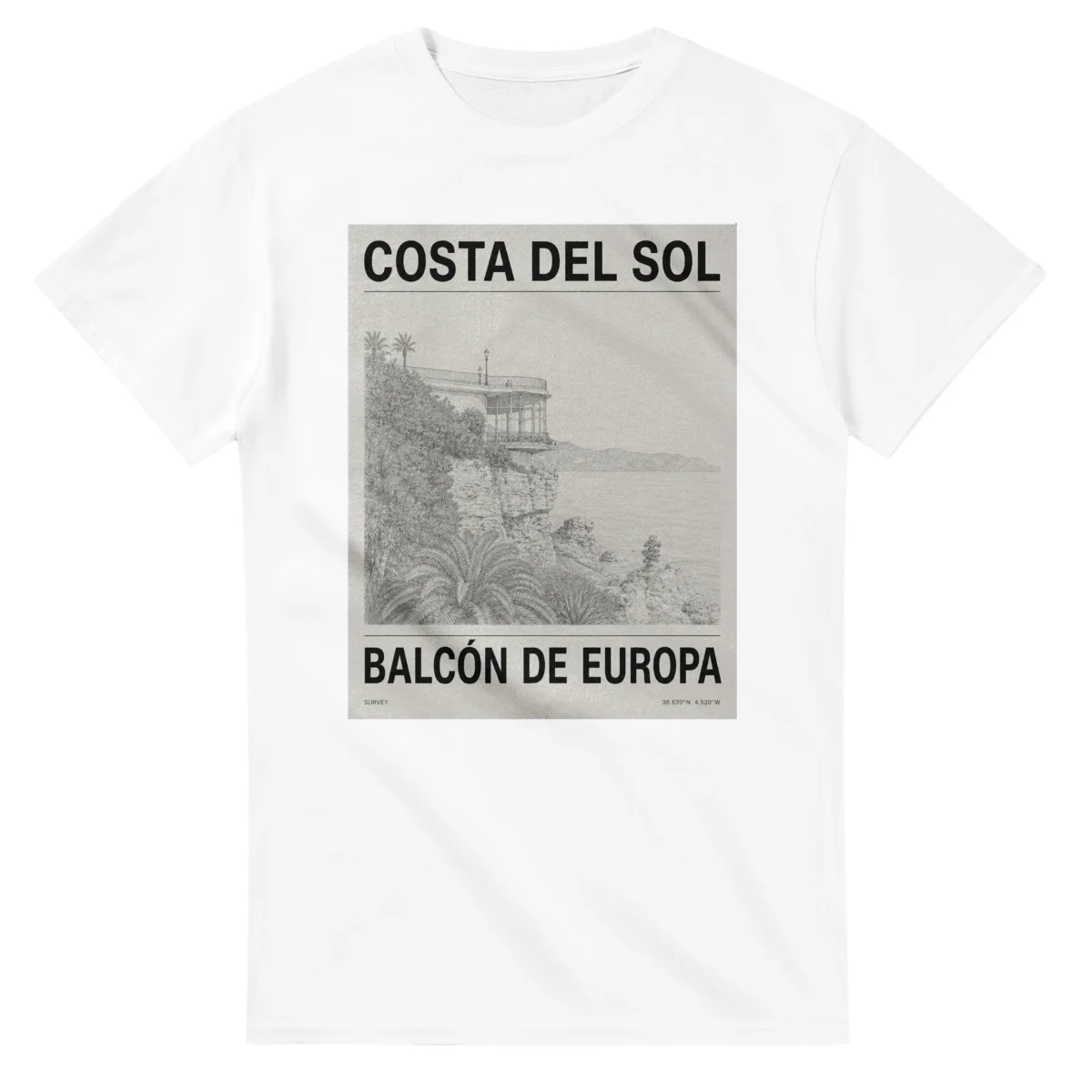 Fine-line engraving-style drawing for Costa del Sol, with a landmark caption and small coordinate text.