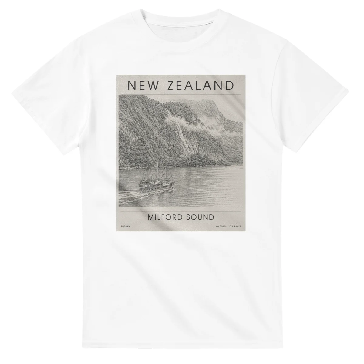 Fine-line engraving-style drawing for New Zealand, with a landmark caption and small coordinate text.